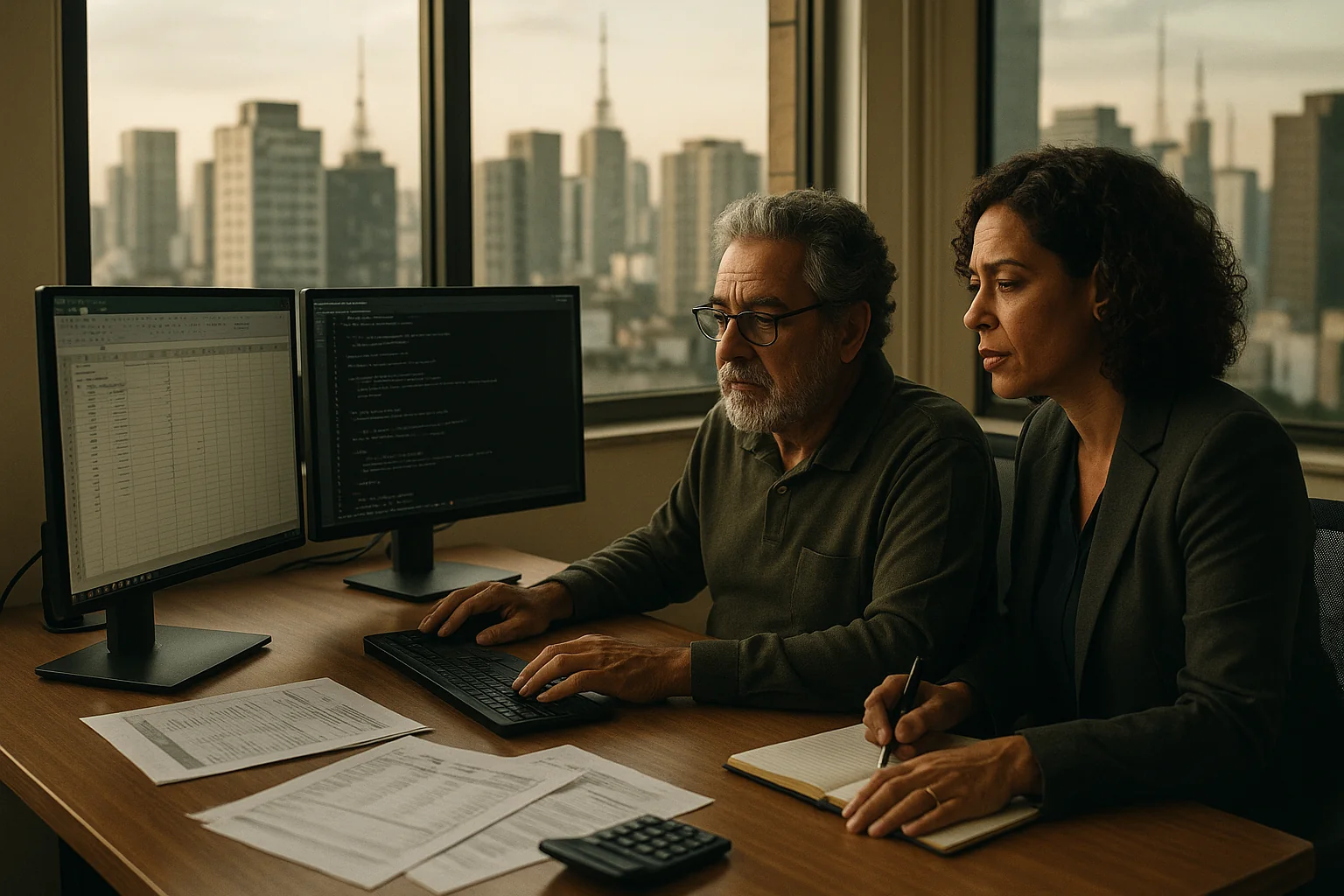 Two professionals in a São Paulo office review code and a budget spreadsheet on dual monitors and a laptop, with printed estimates, a calculator, and a notepad on the desk; the city skyline is visible through the window.