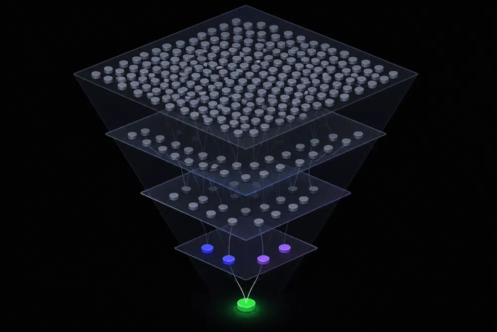Flat isometric dark illustration of a layered funnel where many identical grey tokens pass through cheap upper levels and only a few indigo tokens reach a single glowing green verified node at the bottom.