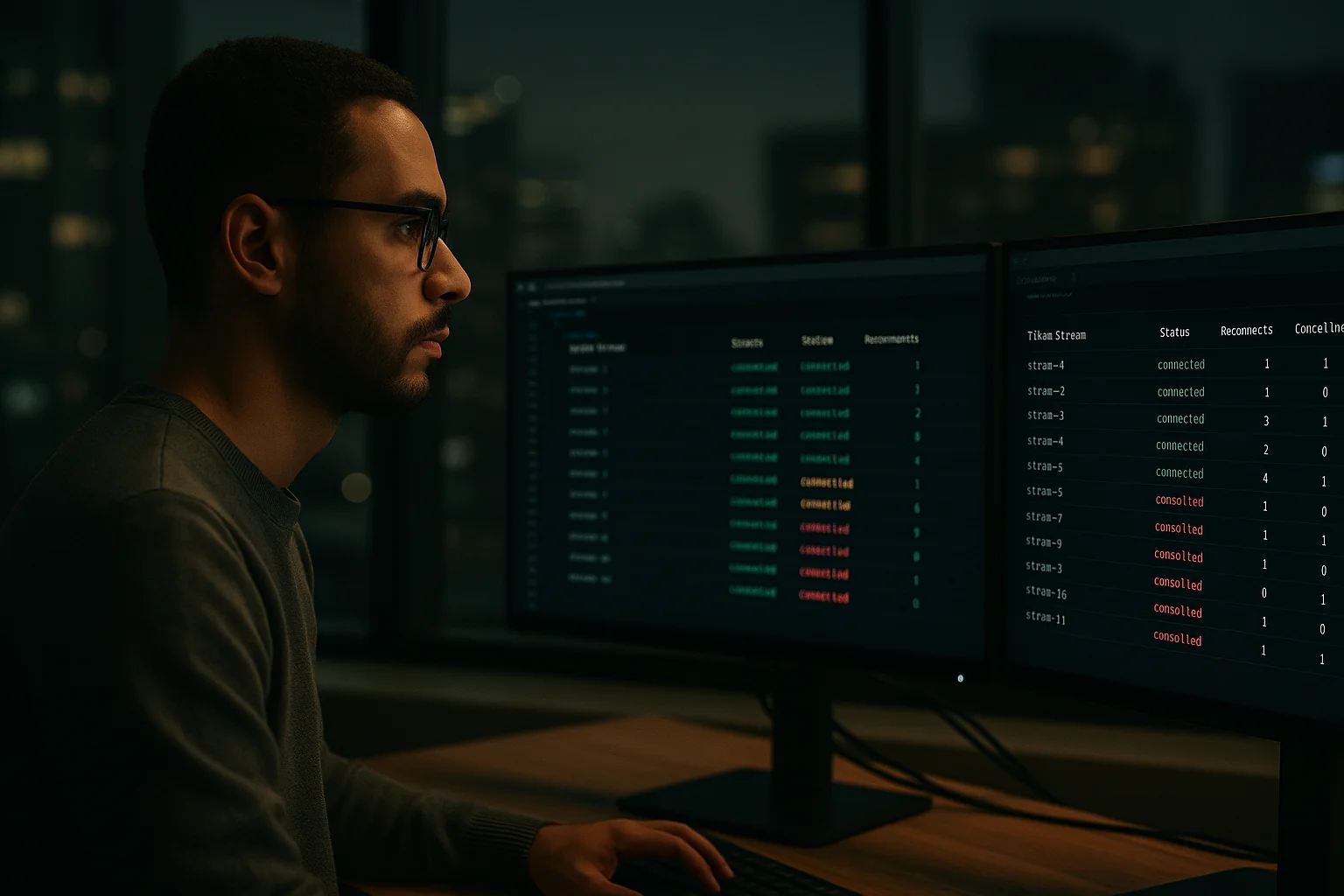 Engineer in a São Paulo office reviewing a dashboard of live AI token stream metrics showing reconnects and cancellations on dual monitors.