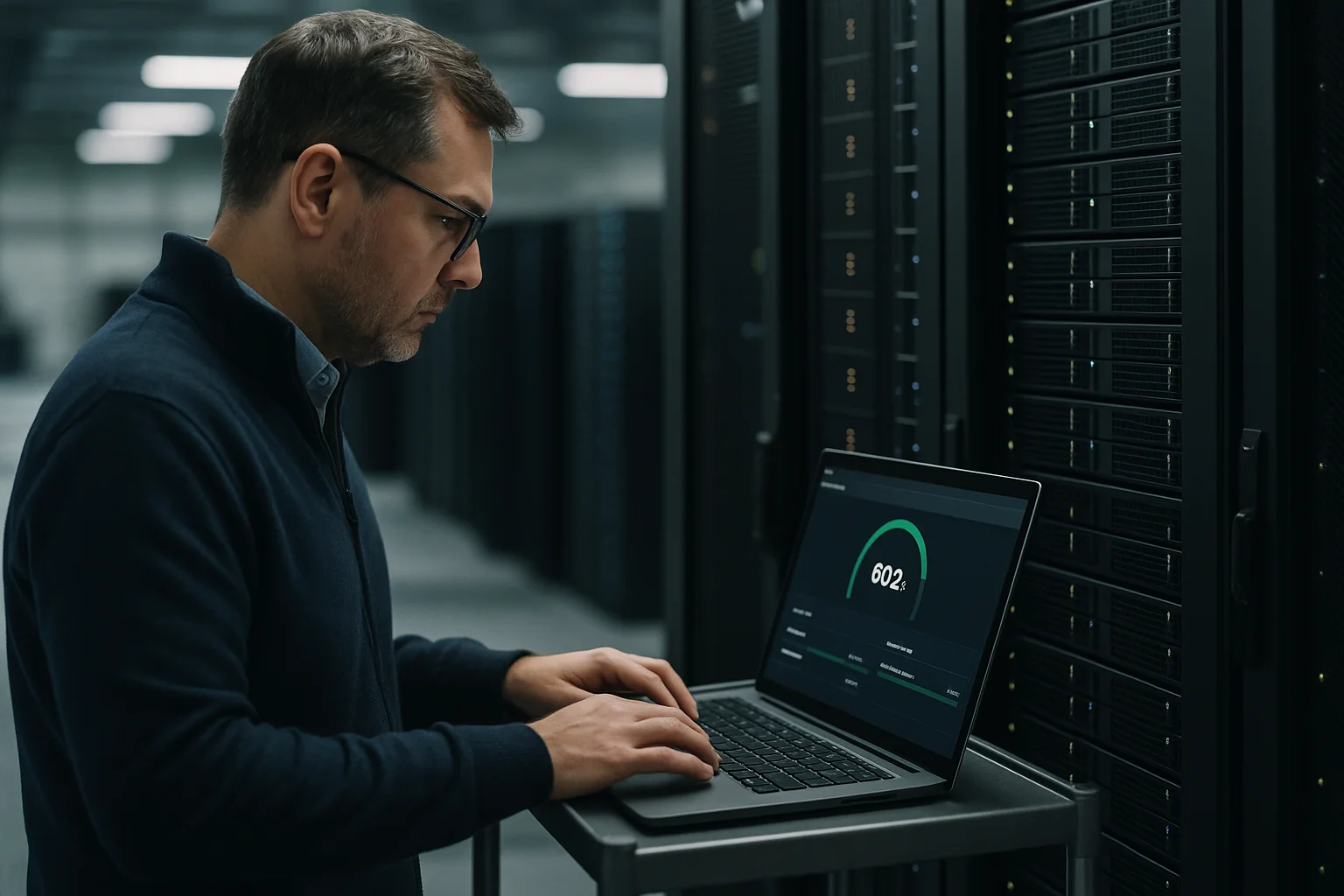 CTO analyzing a Redis memory usage dashboard on a laptop next to server racks in a data center.