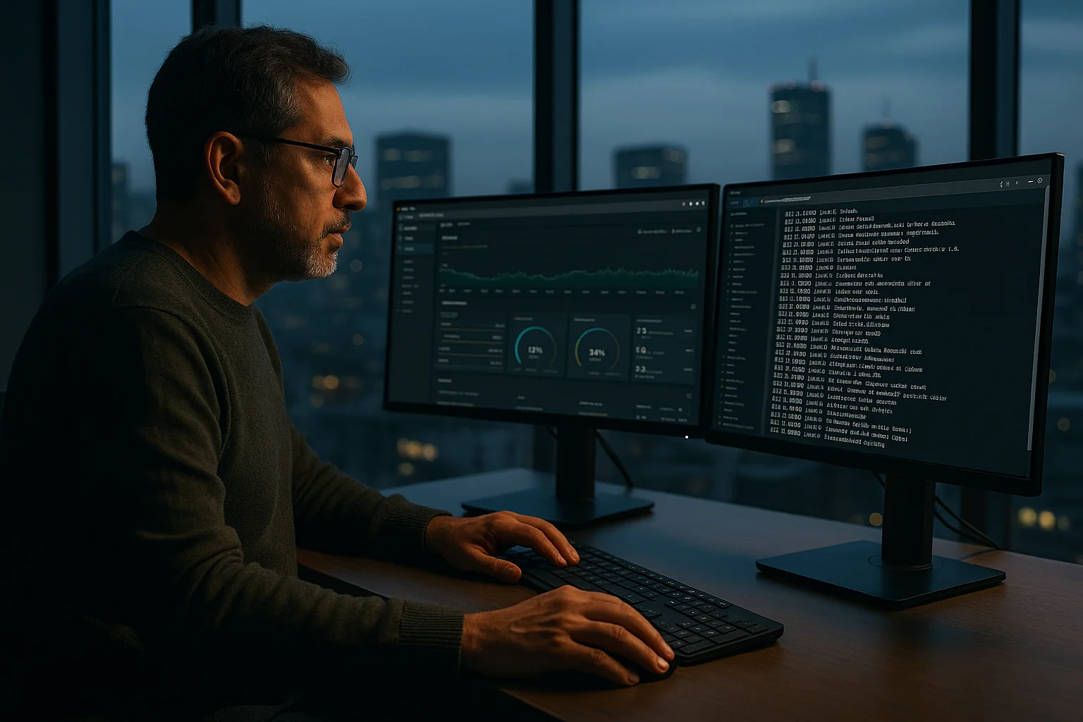 Senior engineer in a São Paulo office analyzing a secure remote development VM with terminal and network monitor on dual monitors.