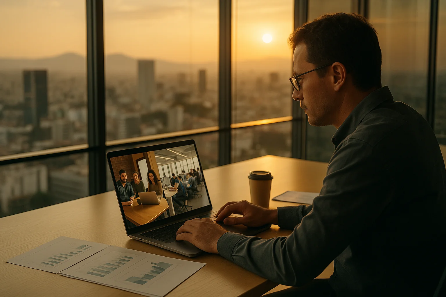 A tech manager sits at a glass conference table overlooking Mexico City, viewing a laptop with a split-screen video call showing a small team in a compact studio and a larger team in an open-plan office; papers, a pen, and a coffee cup are on the table.