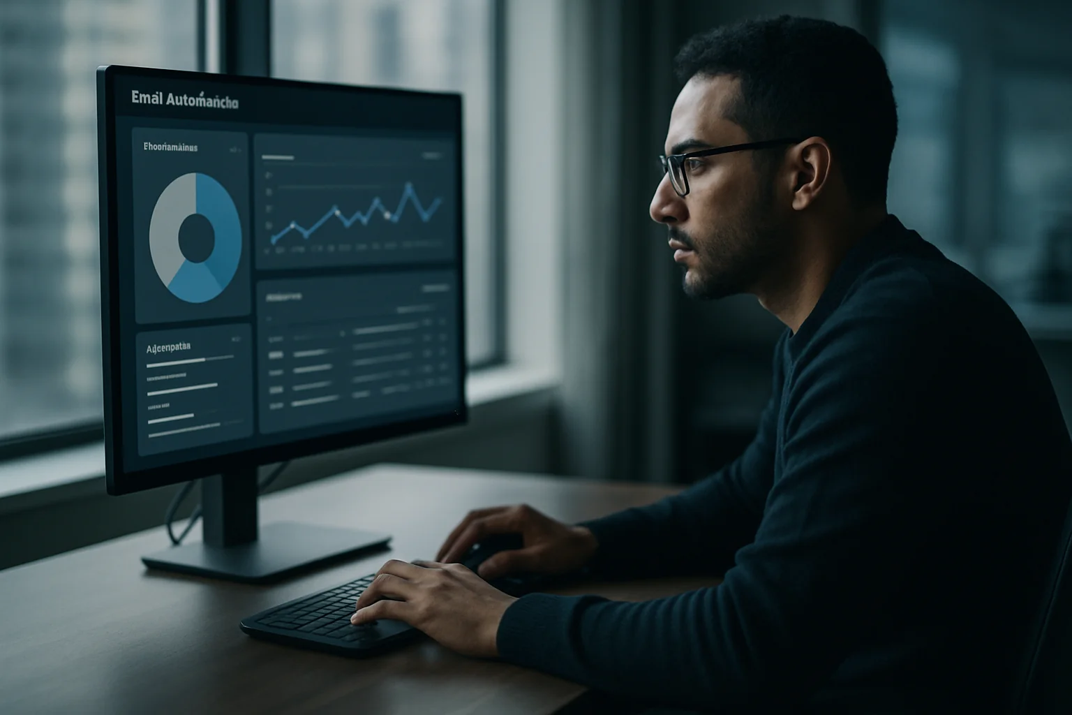 Security engineer reviewing email authentication graphs and domain settings on a large monitor in a modern office.