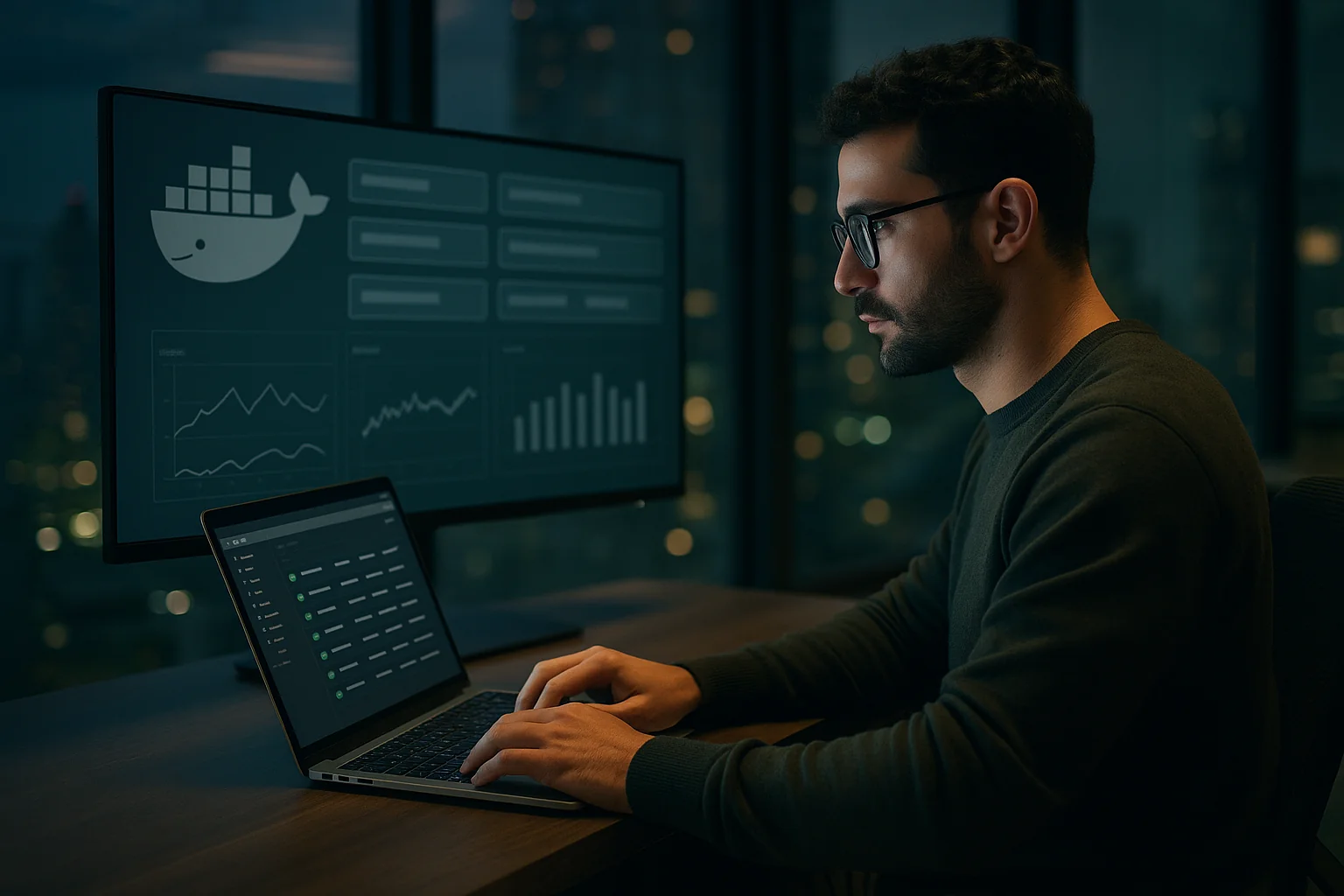 DevOps engineer in a São Paulo office at night monitoring container deployments on a large screen while working on a laptop.