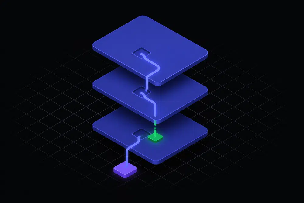 Flat isometric dark diagram of a three-tier stack of indigo cards joined by a glowing indigo path, with one violet connector misaligned one layer too low and a single green node showing the correct position.