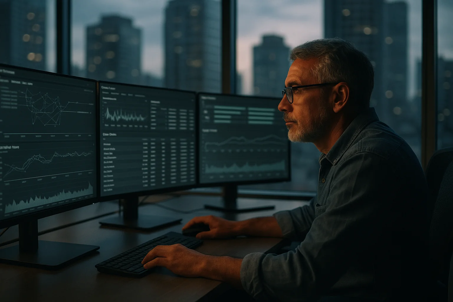 Senior engineer reviewing distributed tracing and queue metrics for edge AI agent services on dual monitors in a São Paulo office at dusk.
