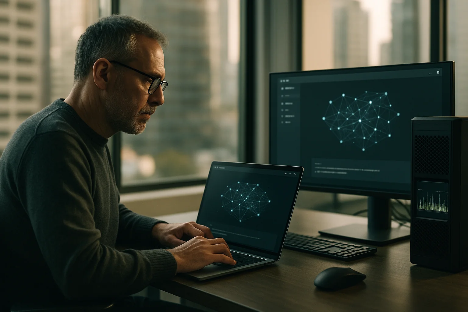 Engineer compares an AI desktop app running on a MacBook and a Windows PC with GPU usage displayed in a modern São Paulo office.