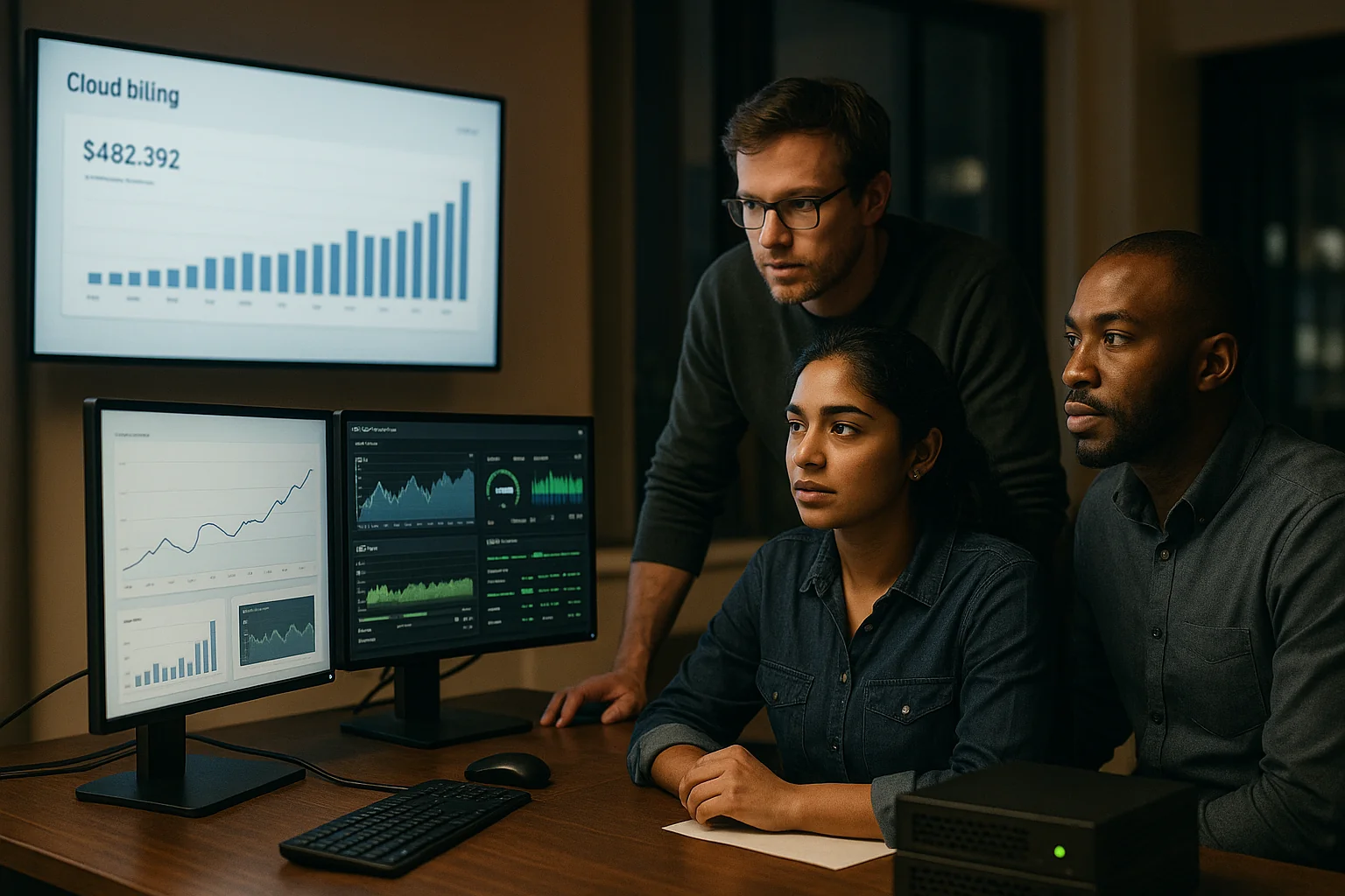 Engineers reviewing a cloud cost dashboard next to a local analytics process running on a workstation with charts and system metrics.