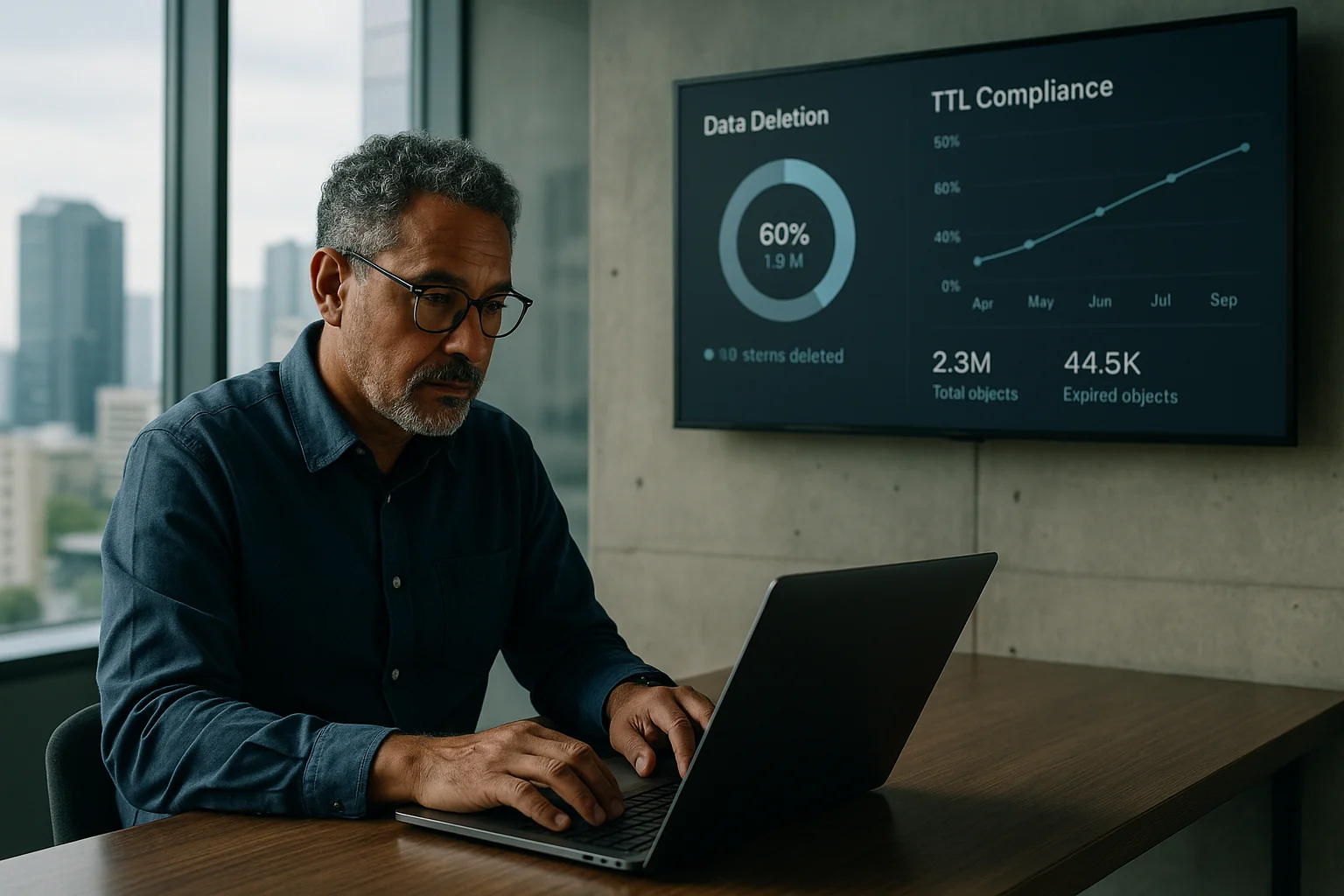 Platform engineer in a São Paulo office reviewing S3 lifecycle settings with a dashboard of data deletion metrics visible on the wall