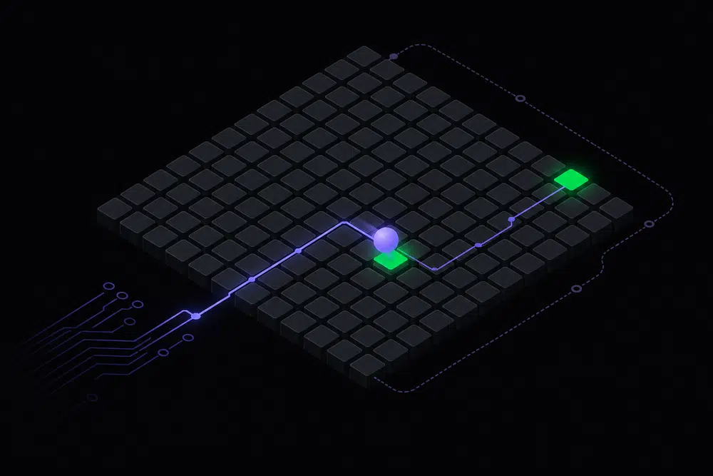Flat isometric dark illustration of a grid of grey lookup-table slots scanned by a glowing indigo path, with a violet out-of-range orb landing incorrectly on a green match node instead of following a faded path around the grid.