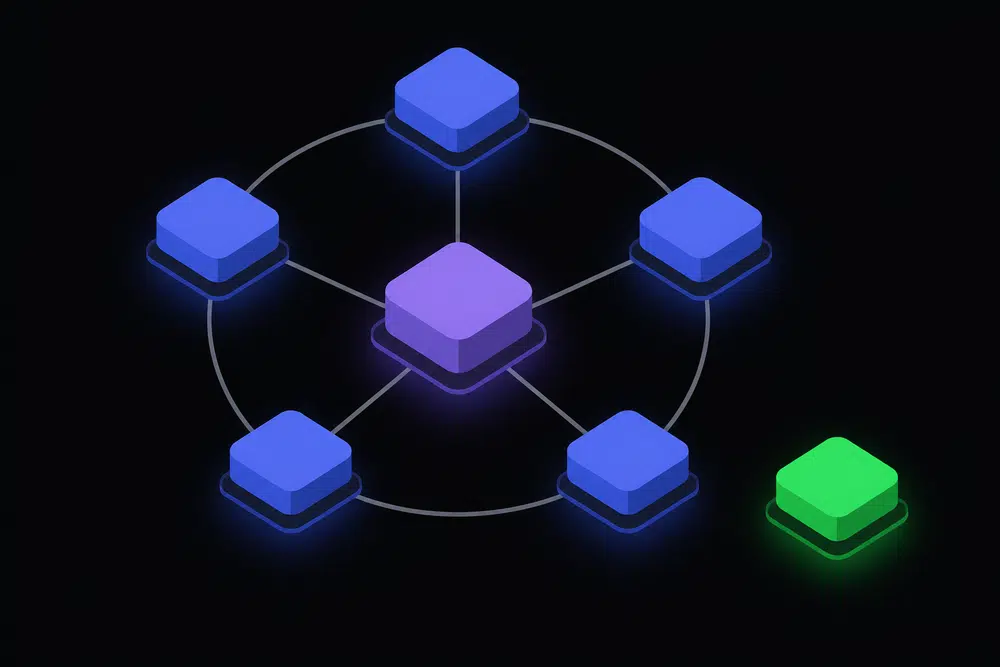 Flat isometric illustration of five indigo agent nodes in a ring connected to one violet hub on a dark background, with a single green node standing apart to represent an independent vote.