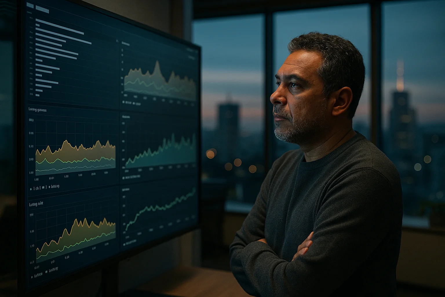 Senior engineer reviewing service traces and latency metrics on large monitors in a modern office at dusk.