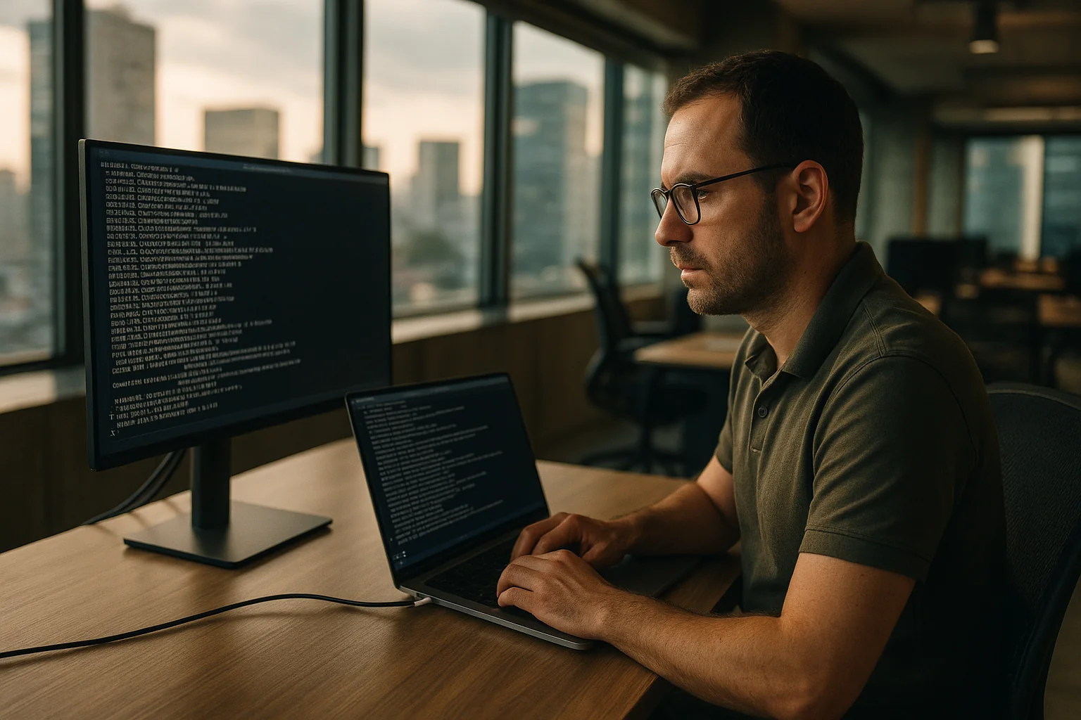 Team lead in a São Paulo office configuring a Python project with dependency installs visible on a laptop and external monitor