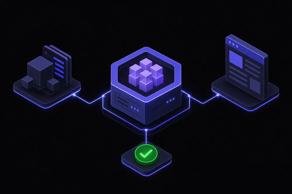 Flat isometric concept showing an MCP server hub linking to a repository and documentation site with a green approval node, on a dark background with indigo and violet accents.