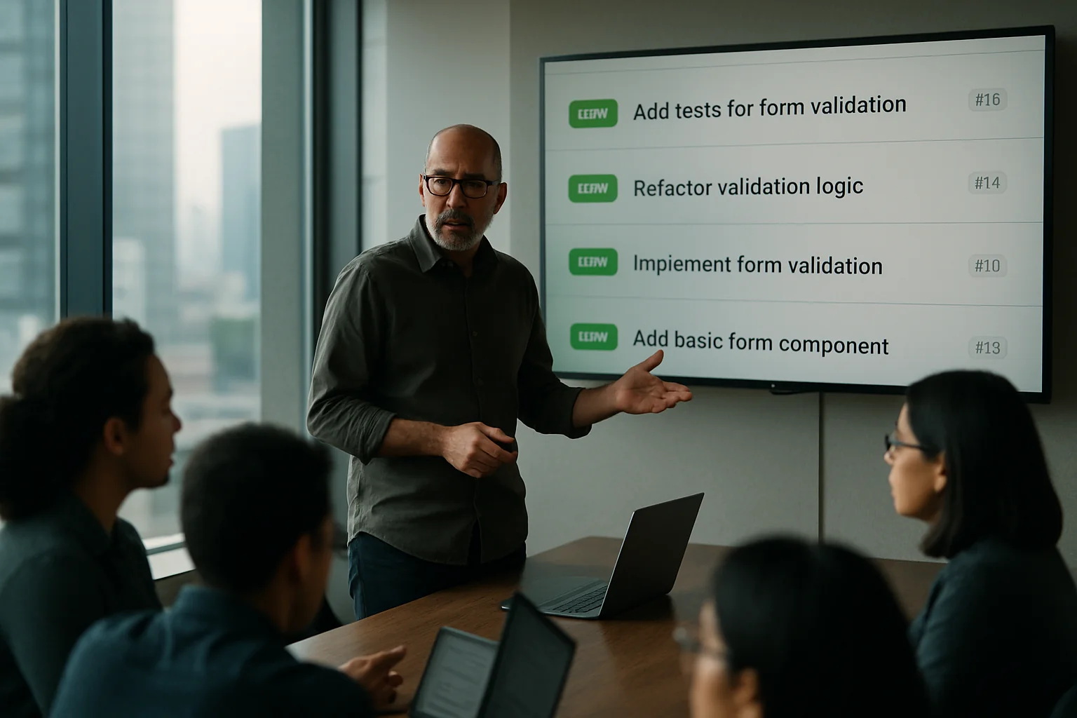 Senior engineer in a São Paulo office reviewing a sequence of small pull requests on a large screen with teammates.