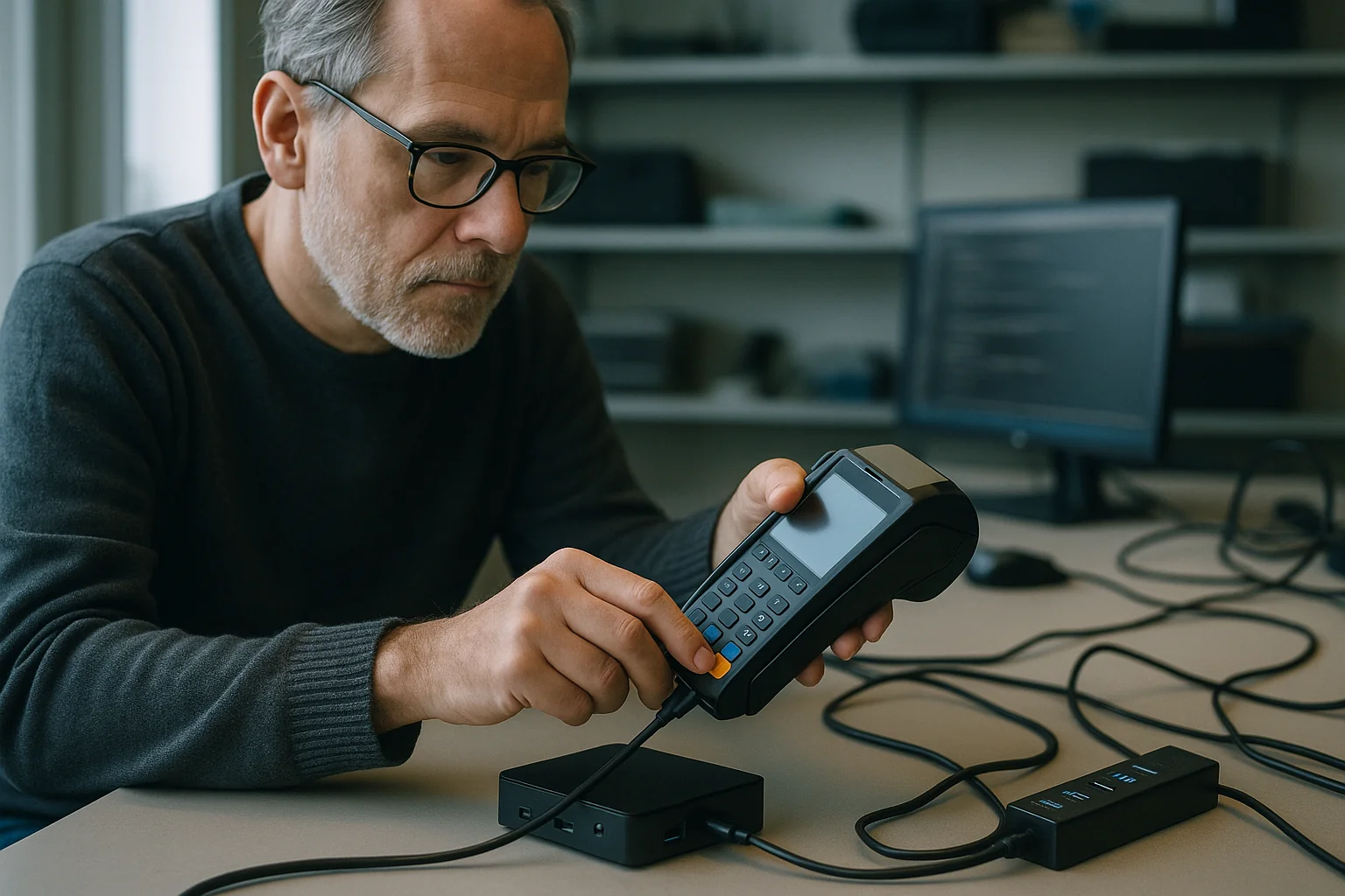 Senior developer testing a USB-C payment terminal connected to a Linux mini PC with a powered USB hub in a lab workspace.