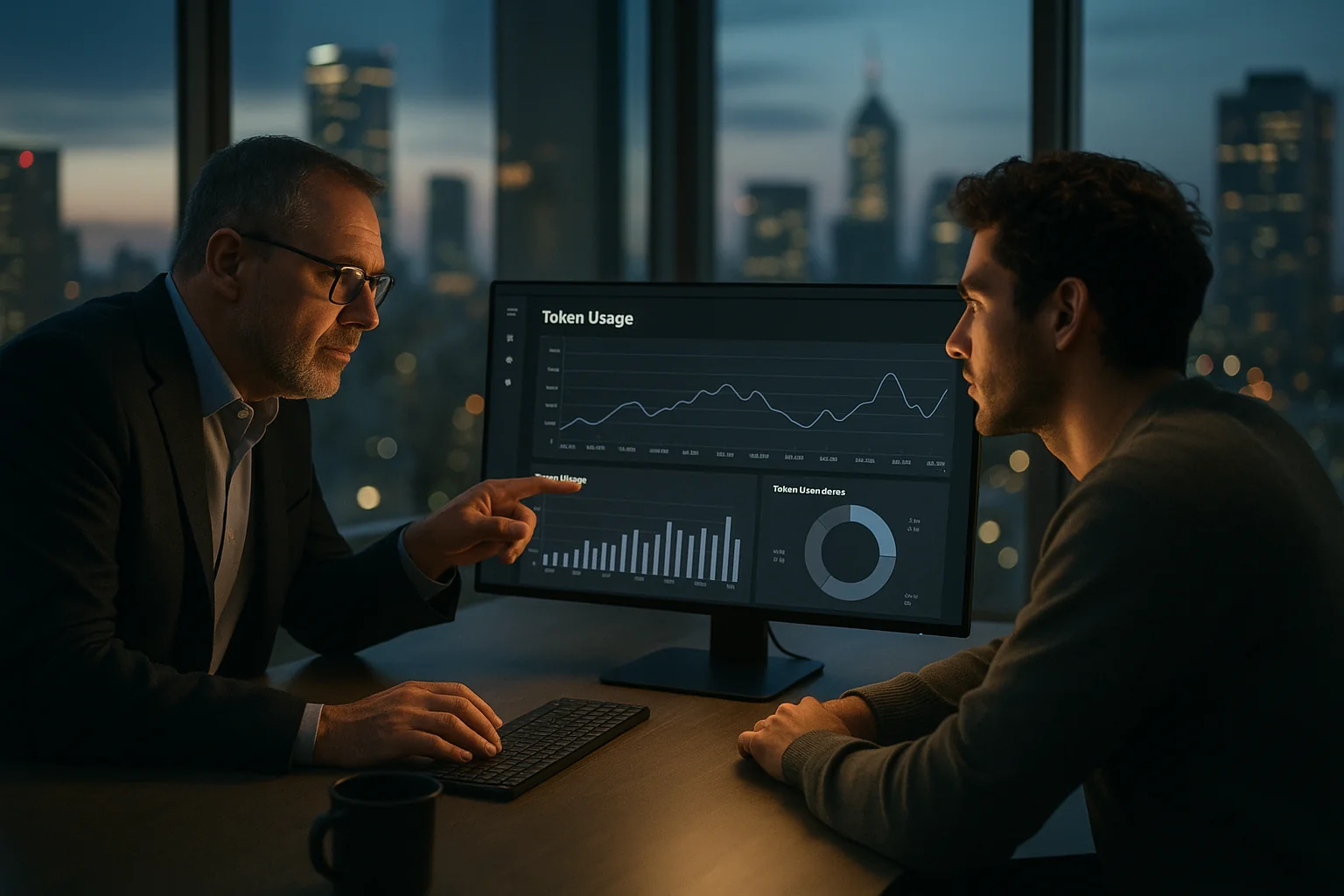 CTO and lead engineer in a São Paulo office reviewing a dashboard showing token usage graphs on a large monitor at dusk.