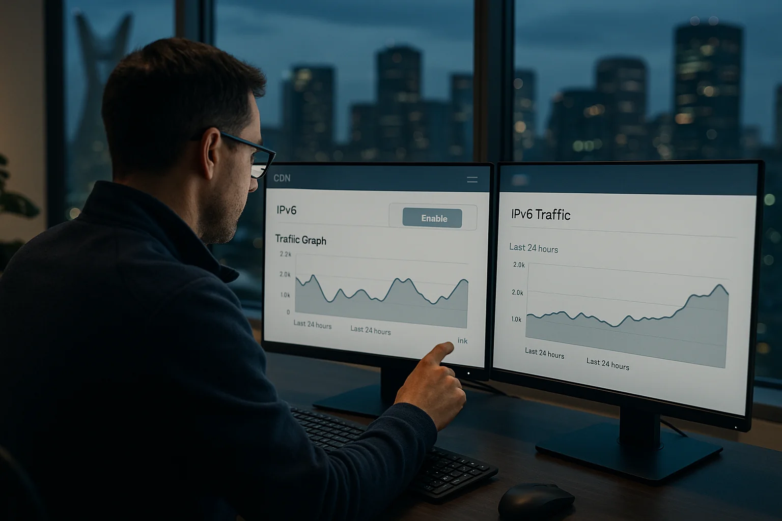 Network engineer in a São Paulo office reviewing IPv4 and IPv6 traffic graphs on dual monitors while enabling IPv6 on a CDN dashboard.