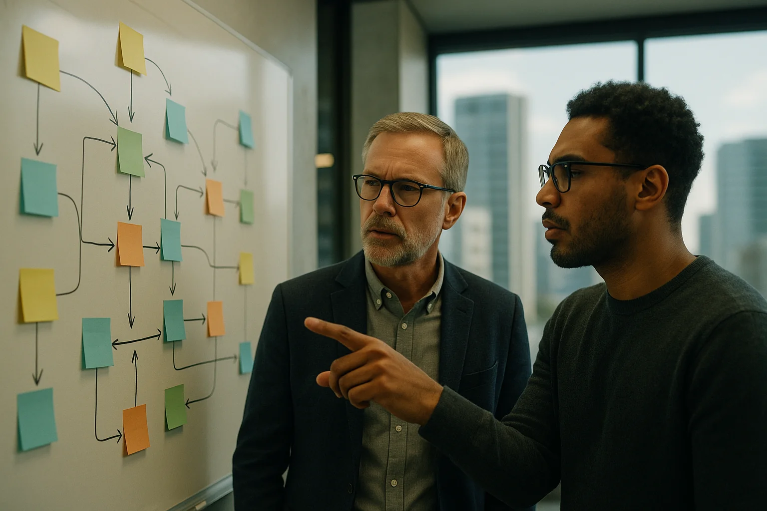 A CTO and senior engineer review a runtime-agnostic architecture diagram on a whiteboard in a São Paulo office.