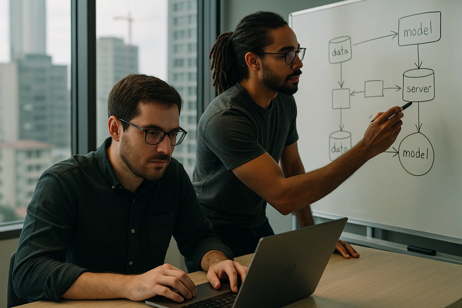 Two engineers in a modern São Paulo office reviewing a laptop and whiteboard while discussing a privacy-preserving AI architecture.