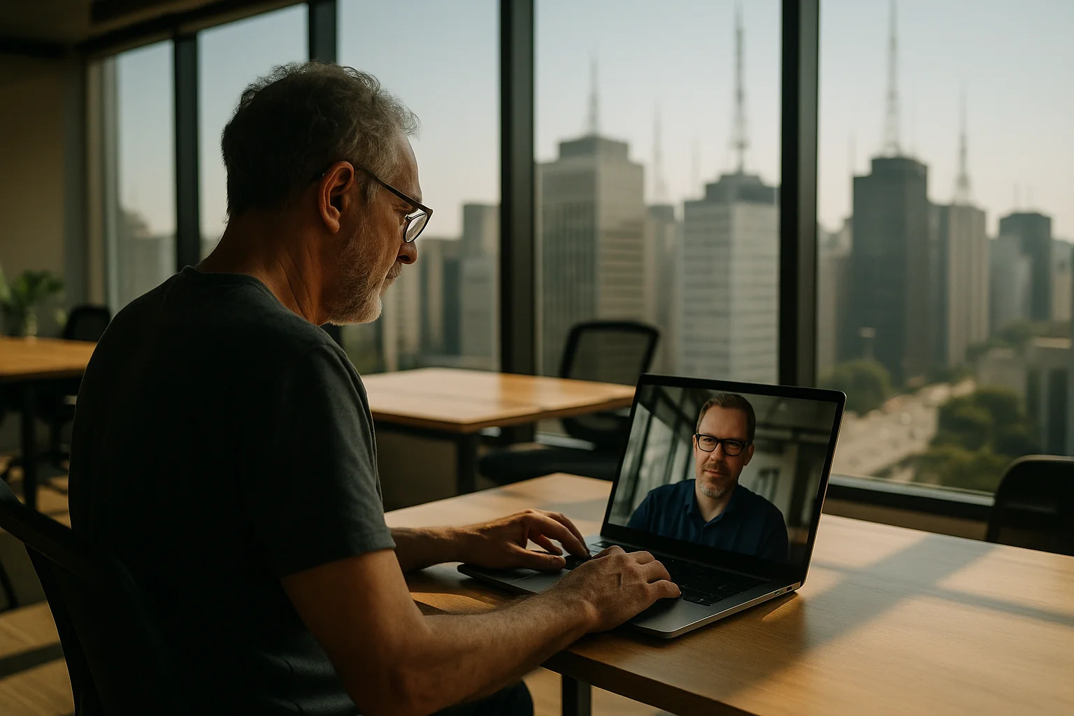 A software engineer at a coworking desk in São Paulo speaks on a video call with a manager whose face appears on the laptop screen; large windows behind show high-rise buildings and rooftop antennas, with headphones, a notebook, and a coffee cup on the桌.