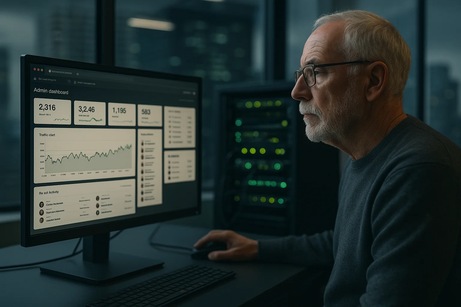 Engineer in a São Paulo office watching a real-time admin dashboard update on a desktop monitor with servers in the background.