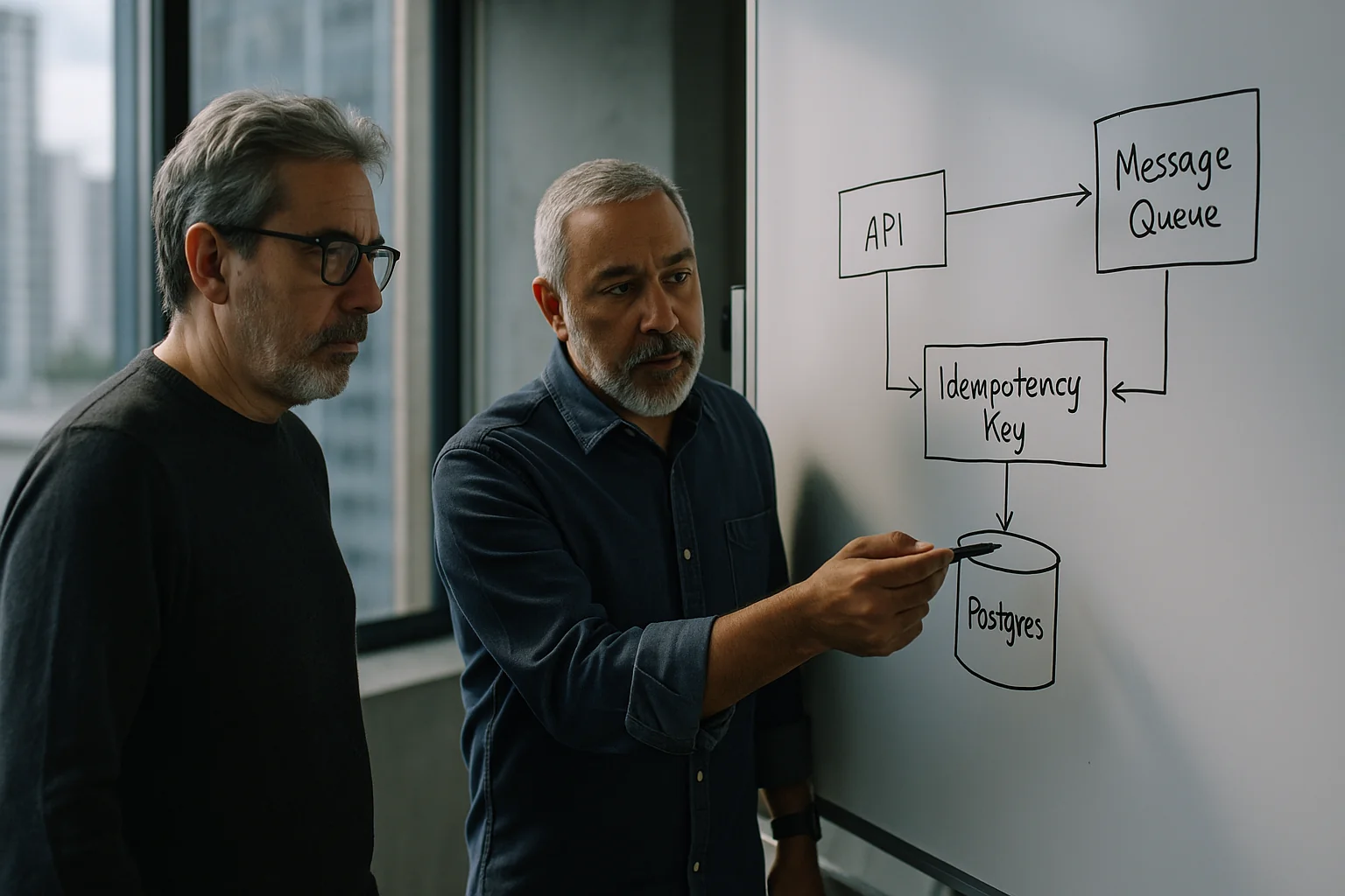Two engineers discussing an idempotency architecture diagram on a whiteboard with API, database, and queue flows.