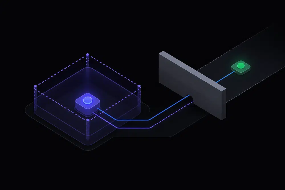 Flat isometric dark illustration of a glowing agent node inside a translucent enclosure with a visible dashed violet fence, and a hidden green sensor node outside behind a solid gray wall.