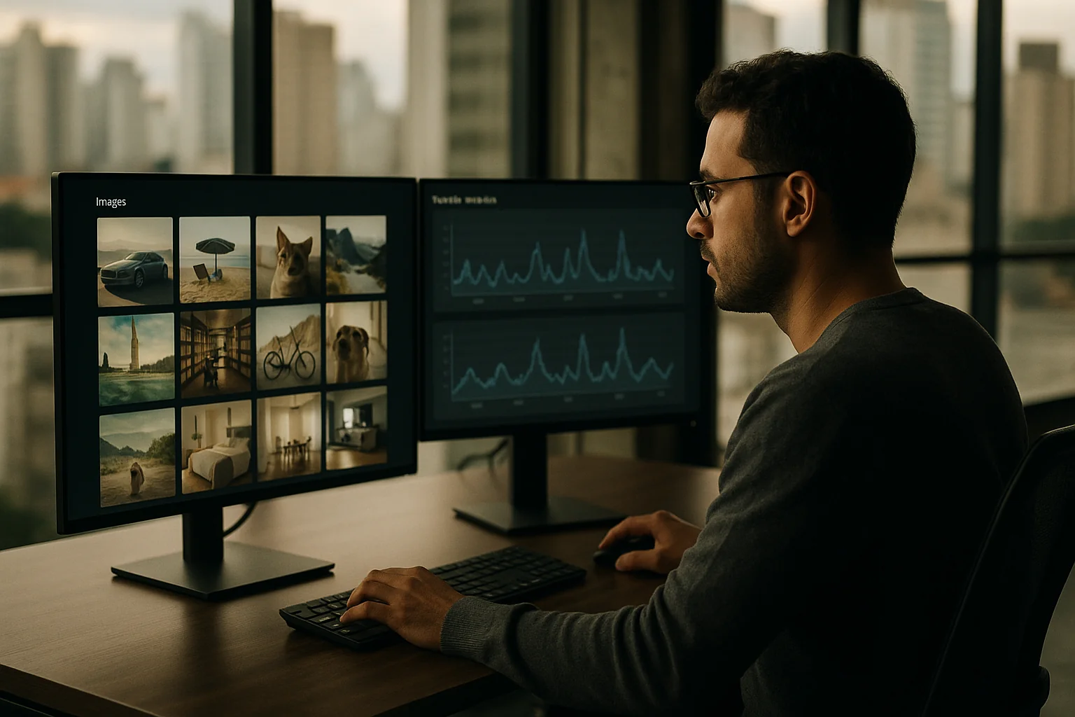 Machine learning engineer in a São Paulo office reviewing a visual search dashboard with image thumbnails and performance charts on dual monitors.