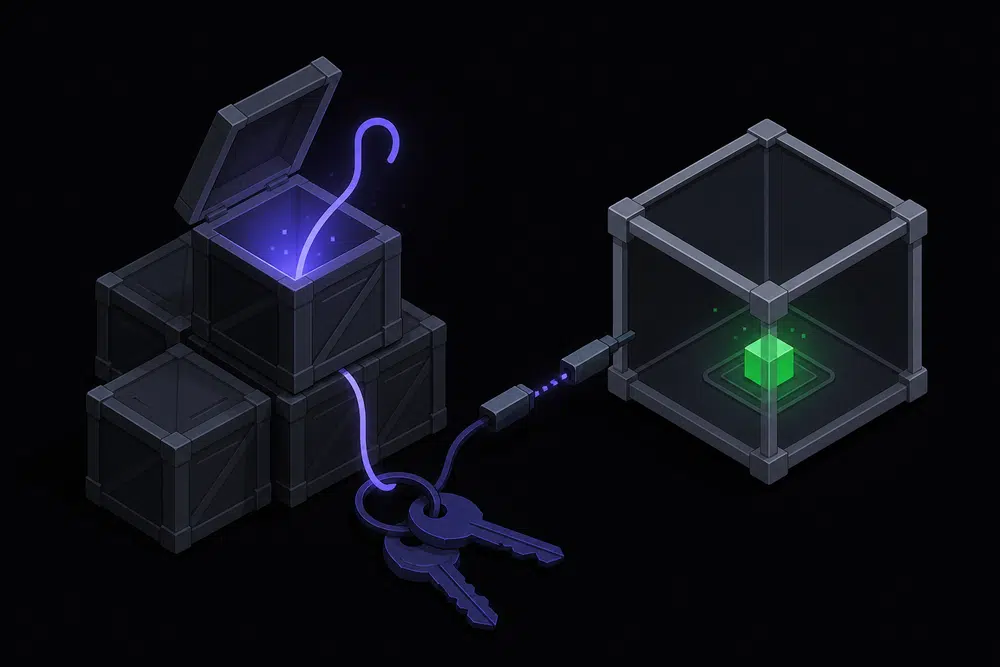 Flat isometric dark illustration of package crates with a violet hook reaching for indigo keys, next to a sealed grey sandbox cube containing one green success node.