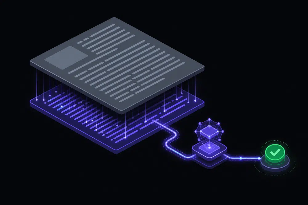 Flat isometric dark illustration of a web page with a visible surface layer and a second hidden layer of indigo text lines feeding a machine node, with one green audited channel marked.
