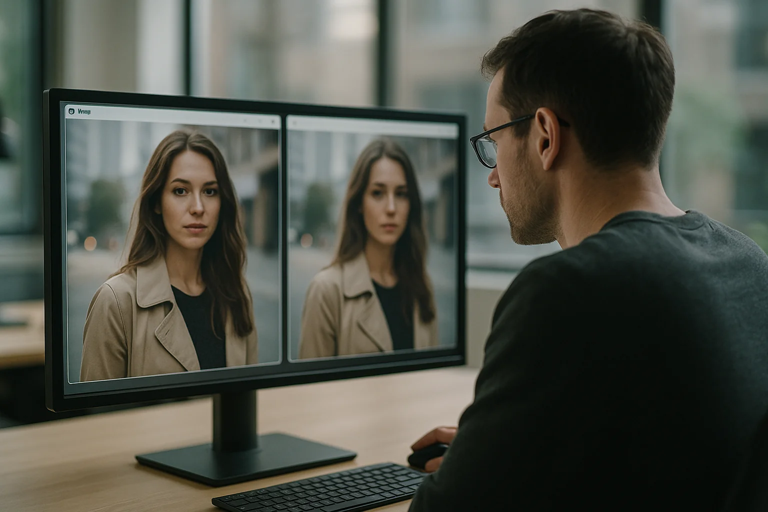 Engineer evaluating two versions of a photo on a 4K monitor in a bright modern office, comparing traditional JPEG to a newer image format.