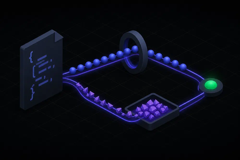 Flat isometric diagram of a document splitting into two paths: smooth indigo spheres passing through a gate unchanged and angular violet shards routed around it into a tray, rejoining at one green node.
