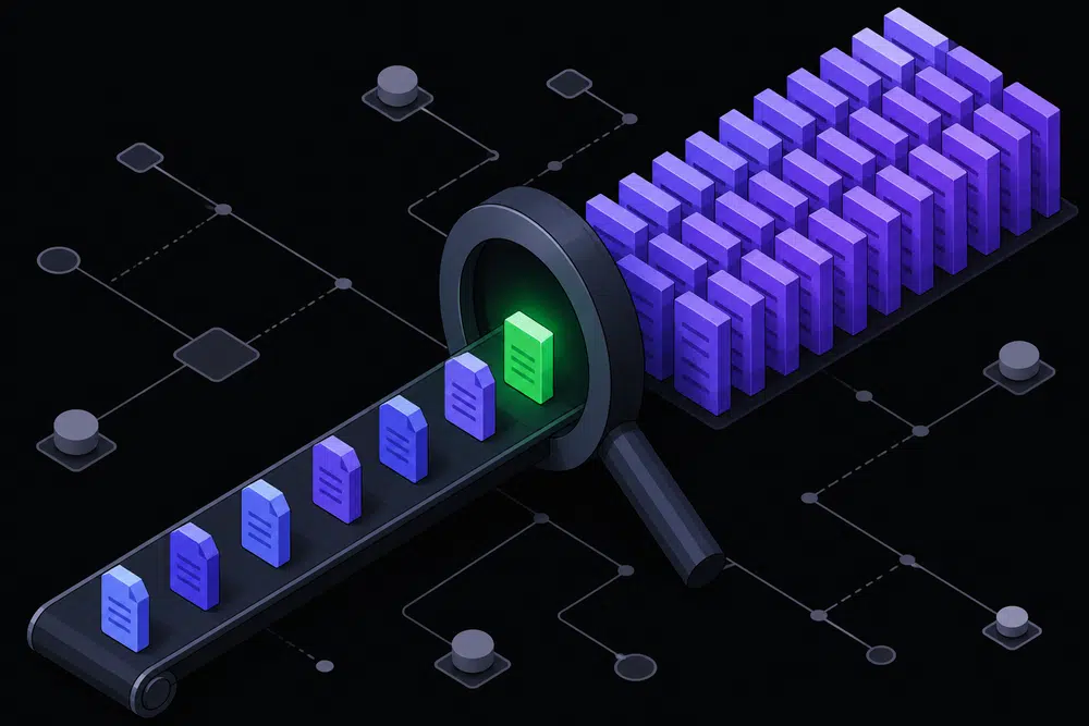 Isometric illustration of many indigo code blocks flowing along a conveyor into a narrow magnifying-glass-shaped review gate, with one block passing through green while a violet queue of unread blocks stacks up behind.