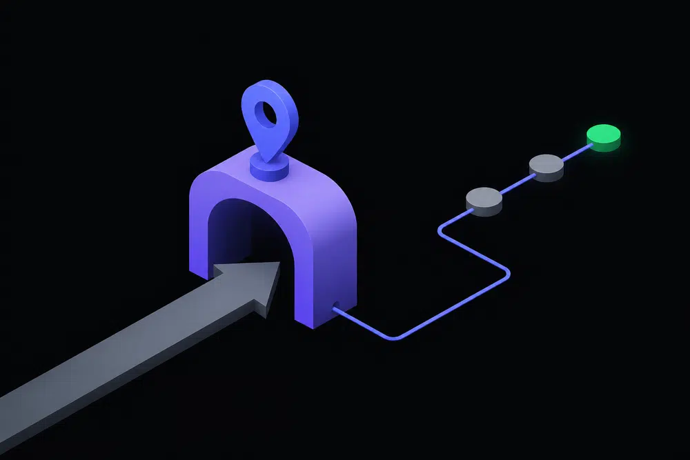 Flat isometric dark-theme illustration of a violet permission gate with a grey arrow pushing in and a thin indigo line reading a floating three-node status indicator, two nodes dim and one glowing green.