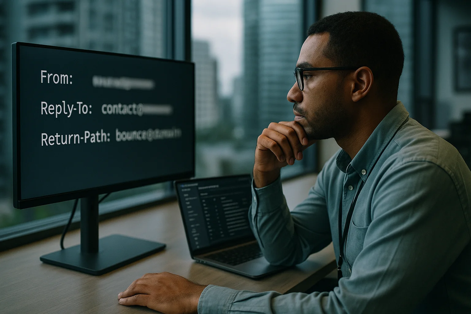 Security engineer examining email headers and DNS settings on dual screens in a São Paulo office.