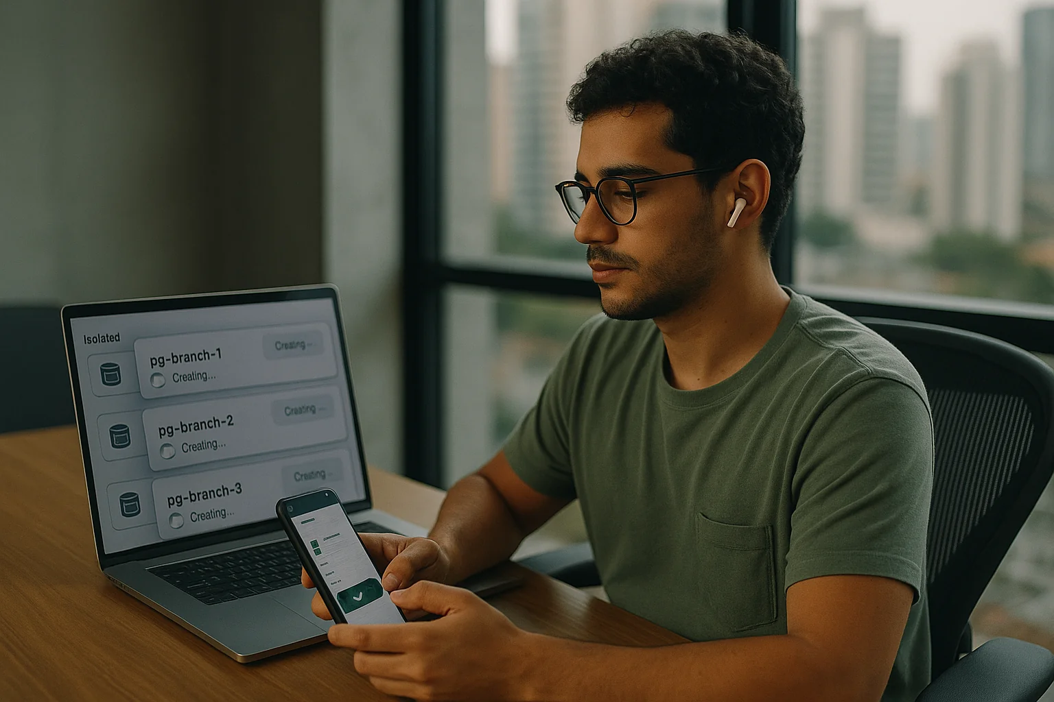Engineer in a São Paulo office reviewing a PR on a laptop showing multiple Postgres branches provisioning.