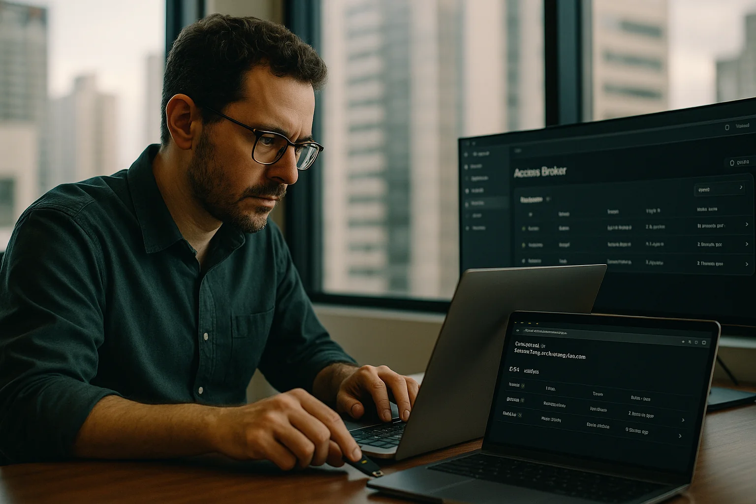 Engineering lead in a São Paulo office using a security key while viewing an access broker dashboard on a dual-monitor setup.