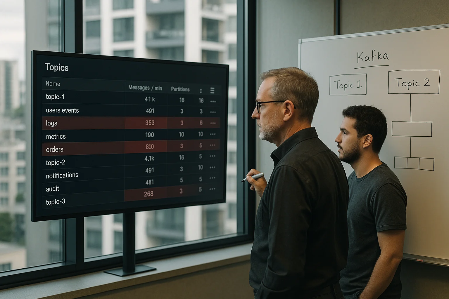 CTO and SRE in a São Paulo office analyzing a Kafka and Pub/Sub dashboard with topics marked for removal on a whiteboard.