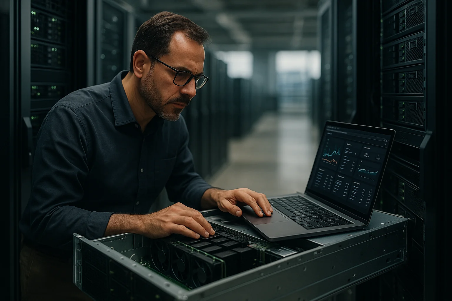 Engineer in a São Paulo data center reviewing a GPU server with inference metrics on a laptop, conveying AI infrastructure optimization work.