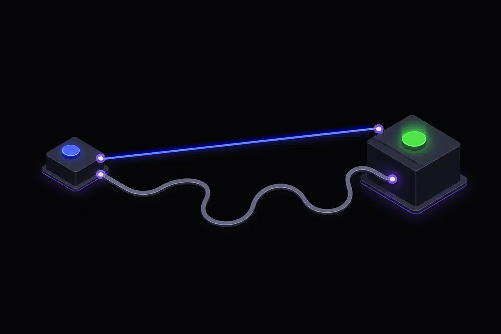 Flat isometric dark-theme diagram of two glowing indigo request paths racing toward one node, where the slower wavy path arrives last and overwrites the first, with a single green verified node.