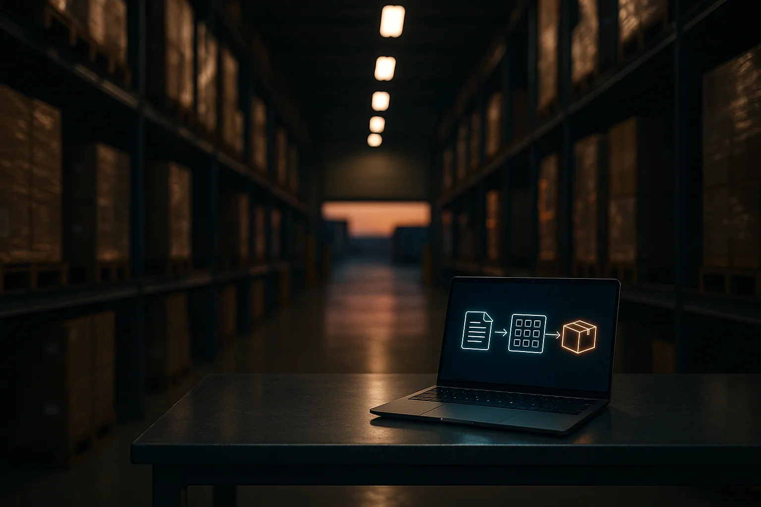 A confident sales rep in a daylight warehouse office, a glowing laptop in front of her showing the Quotery app ingesting a PDF quote into a clean line-item list, with neatly stacked pallets in soft focus behind — calm, modern, competent.