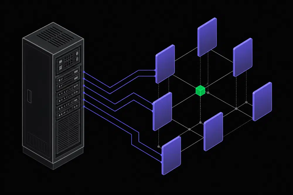 Flat isometric dark illustration of an old server cabinet connected by thin glowing indigo lines to a cluster of blank floating panels, with a single green node at the center of the cluster.