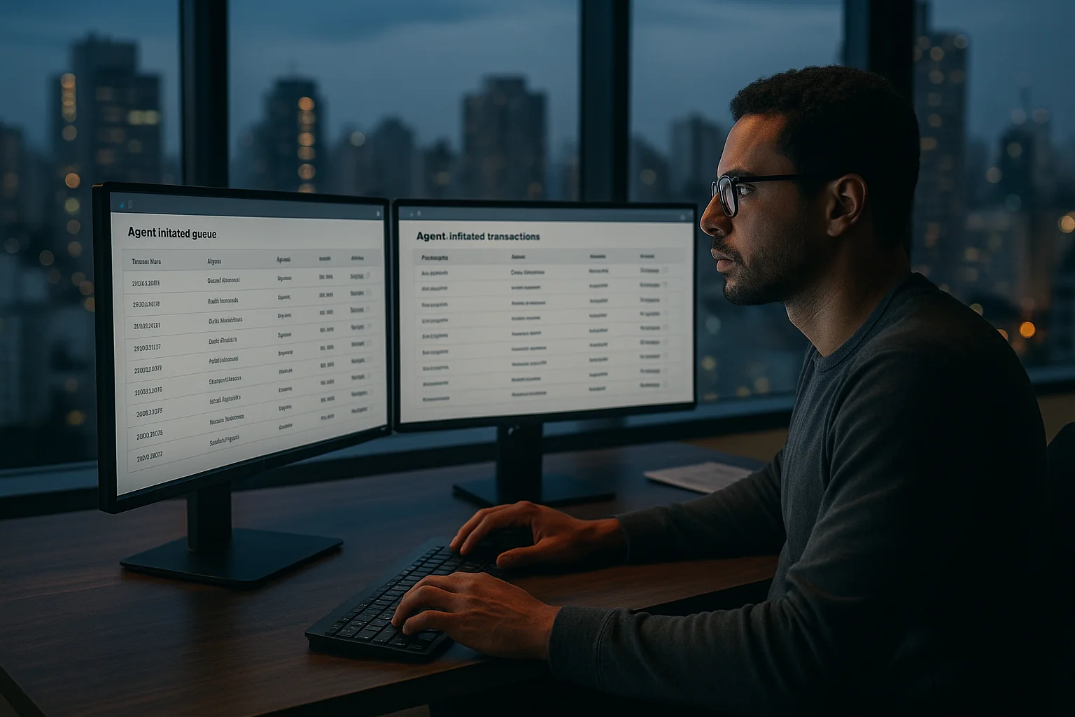 Payment operations engineer in a São Paulo office reviewing transactions on dual monitors.