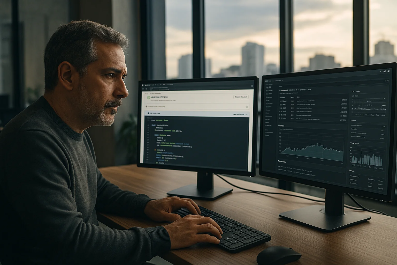 Senior engineer in a São Paulo office evaluates an AI-generated pull request while monitoring audit logs and resource metrics on a second screen.