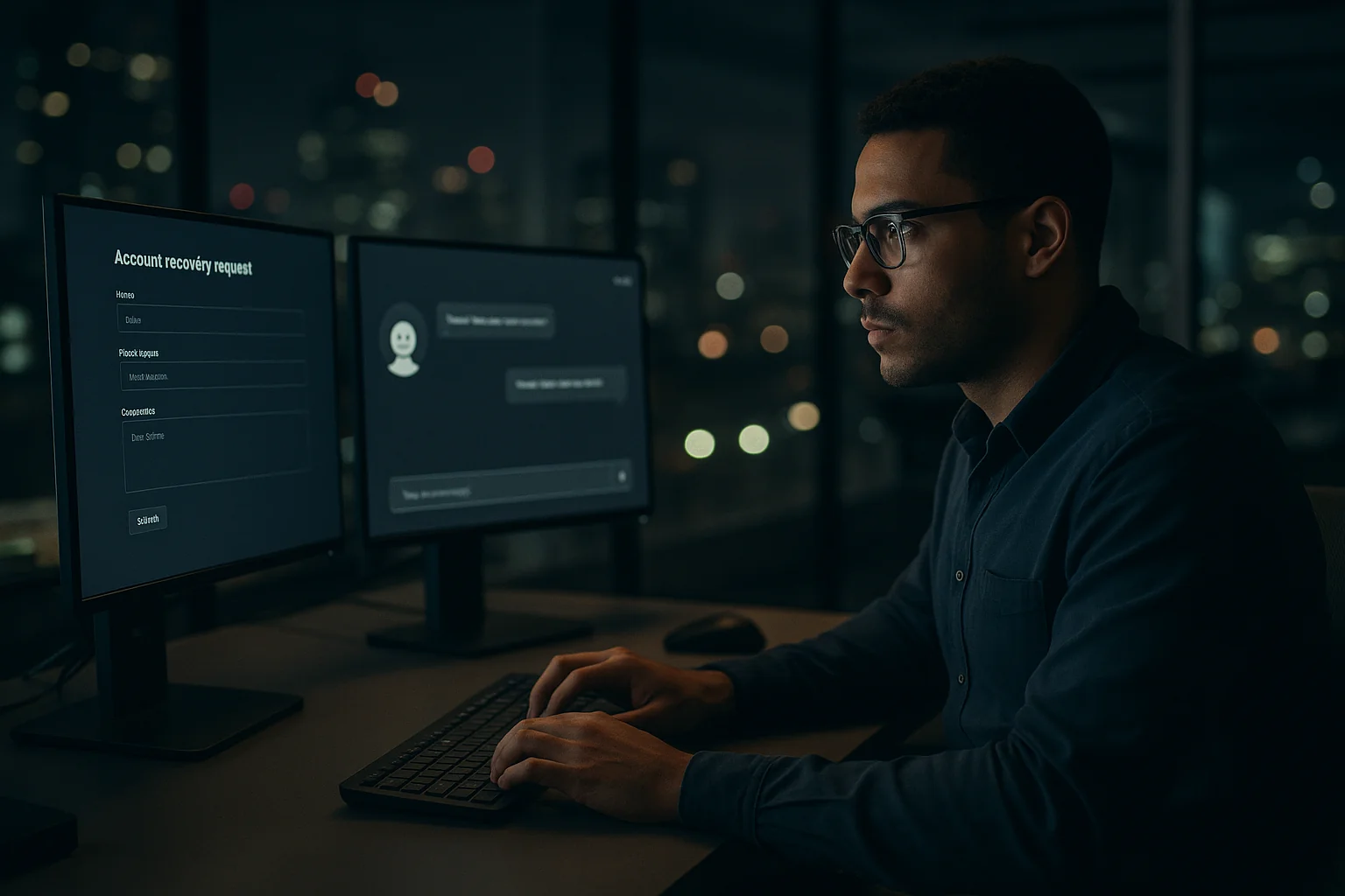 Support analyst in a São Paulo office reviewing an account recovery case with a chatbot transcript on a second monitor.