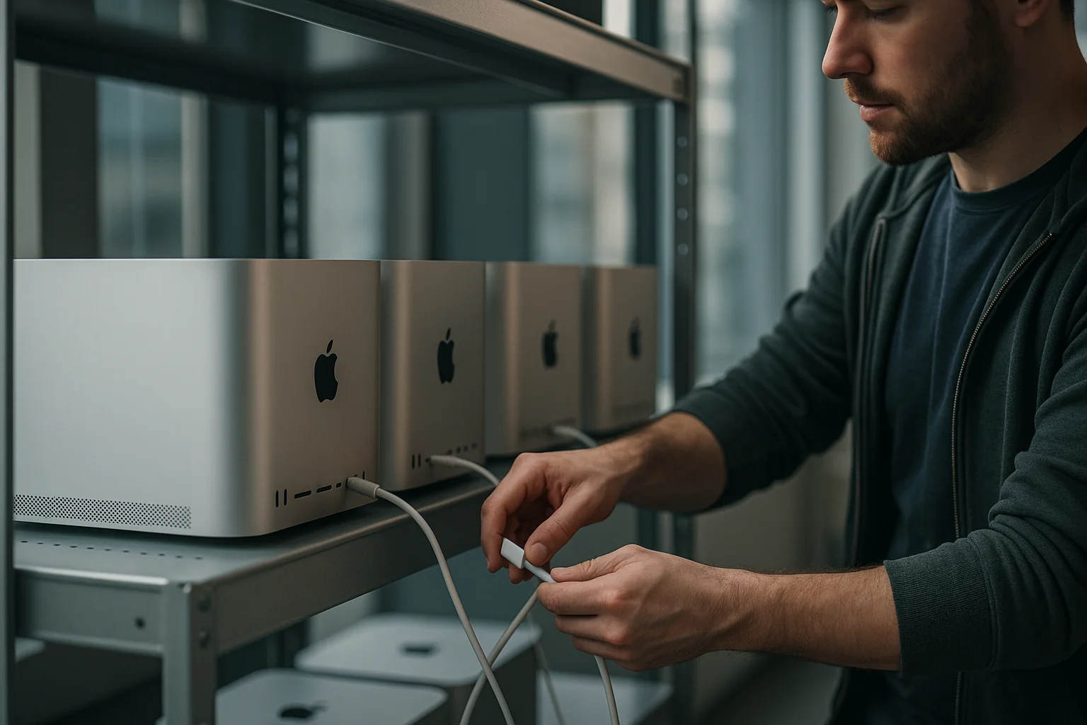 Engineer connecting multiple Mac Studio computers on an office shelf to build an iOS CI host cluster
