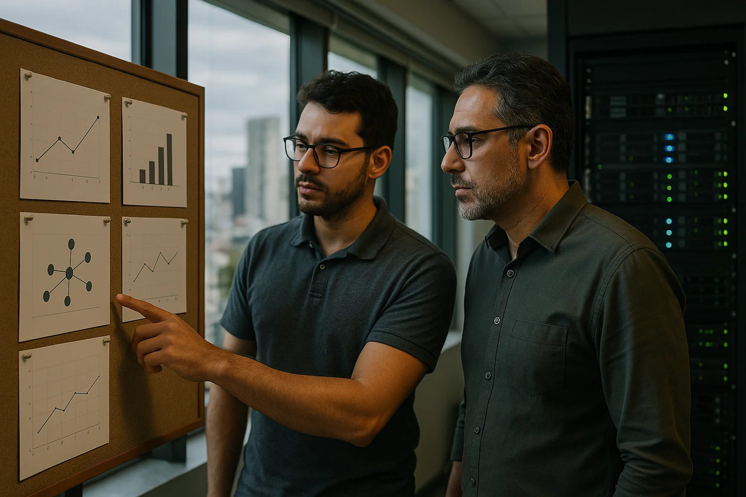 Two engineers in a São Paulo office reviewing vector retrieval diagrams with a server rack behind them.