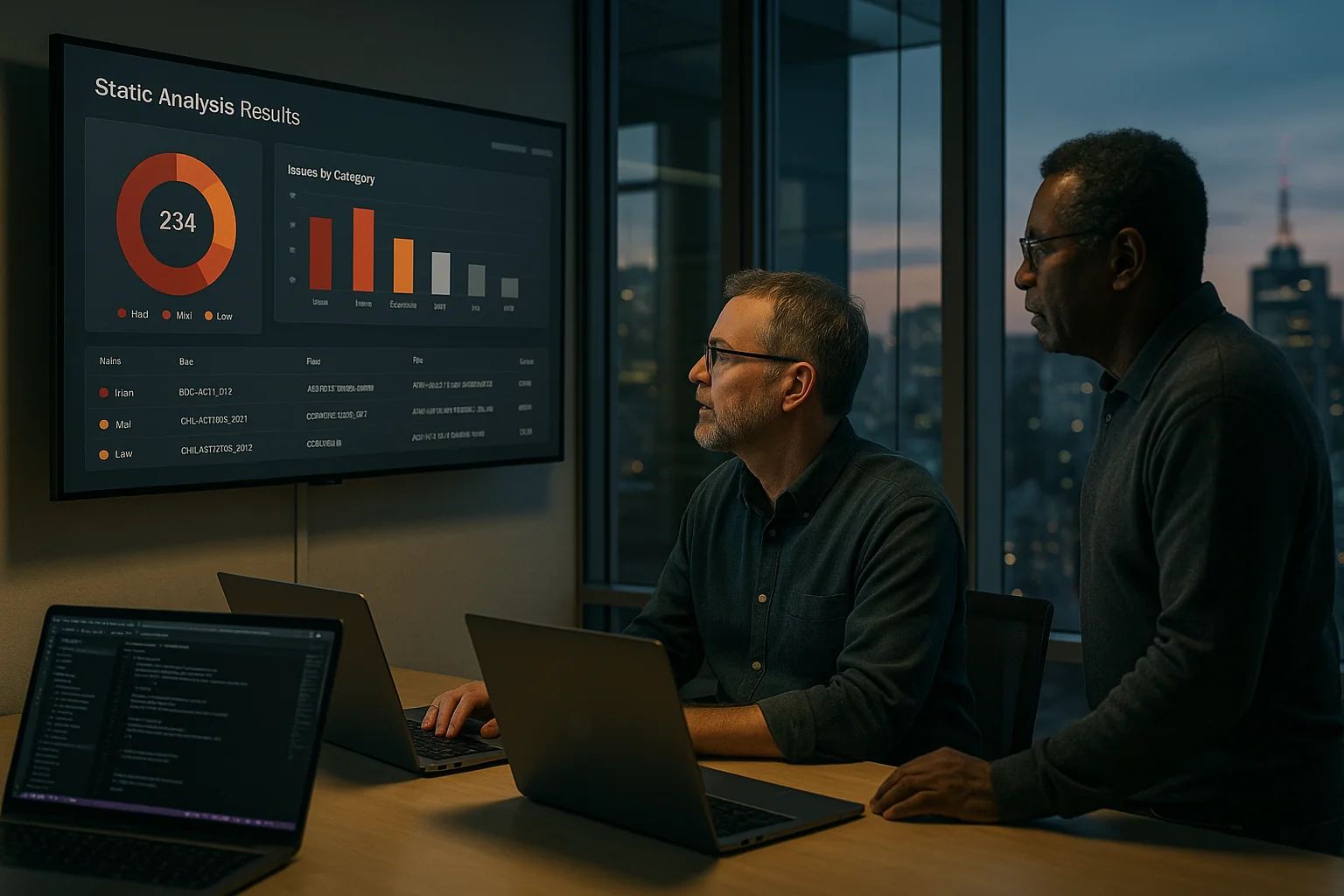 Two engineers review a code scan dashboard on a large monitor in a modern São Paulo office at dusk.