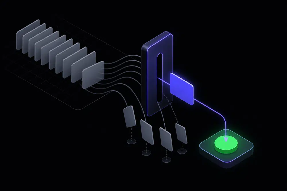 Flat isometric illustration of many grey cards funneling into a narrow gate, where one indigo card passes through and lands on a single glowing green node against a near-black background.